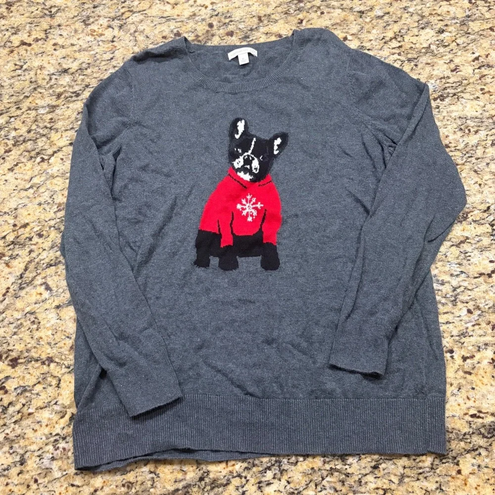 Westport 1962 French Bulldog Sequin Snowflake Christmas Sweater Gray XL